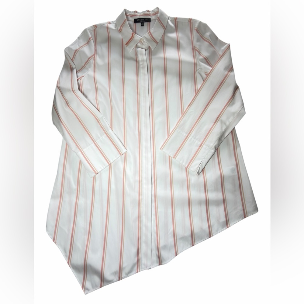 Lafayette 148 White Peach Striped Button Up Shirt Asymmetrical Hem Size M - Picture 8 of 16